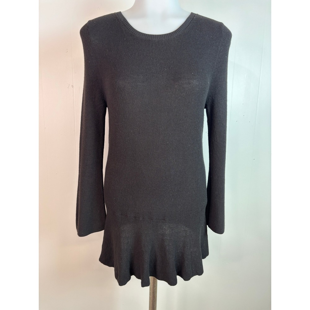 LOFT Knit Tunic Top M Black Solid Ribbed Peplum Hem Womens